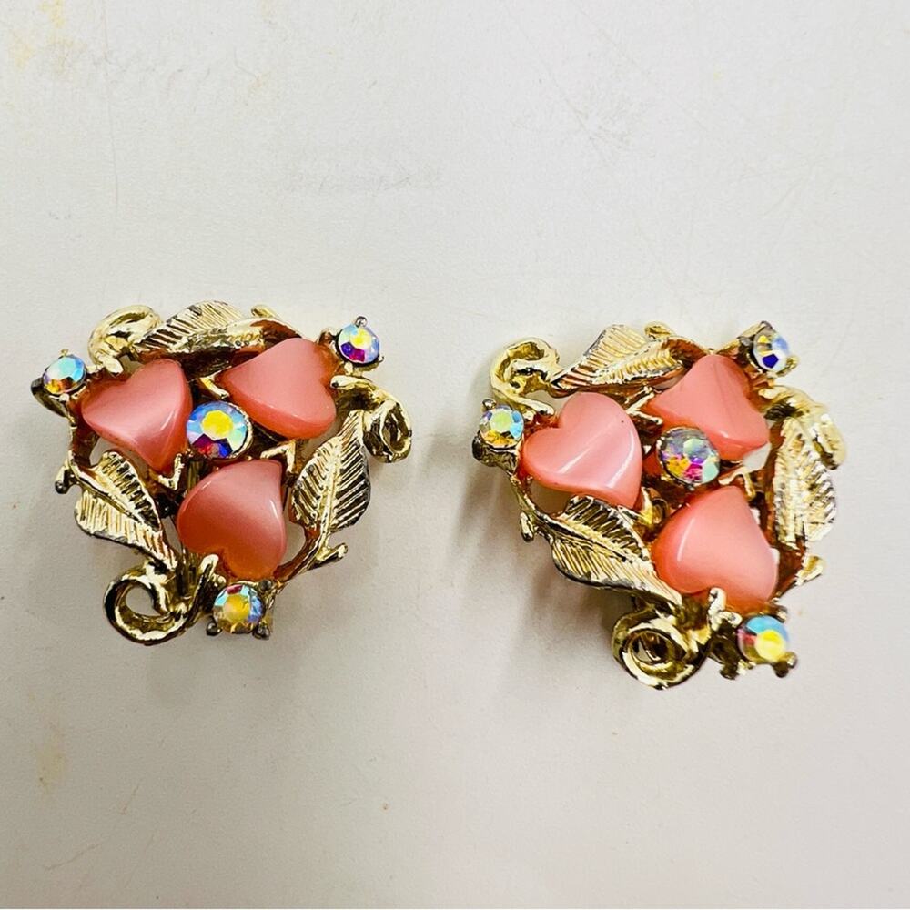 Vintage MCM Pink Moonglow Heart Clip On Earrings Thermoset Lucite AB Rhinestone